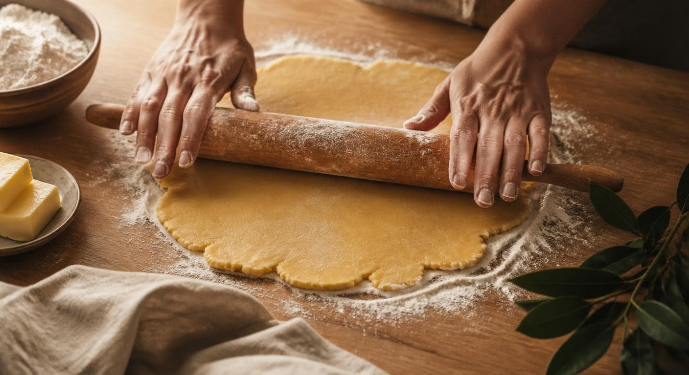 Pâte sablée vegan travaillée à la margarine sur un plan fariné