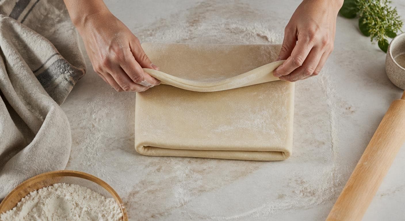 Pâte feuilletée vegan en cours de préparation sur un plan fariné