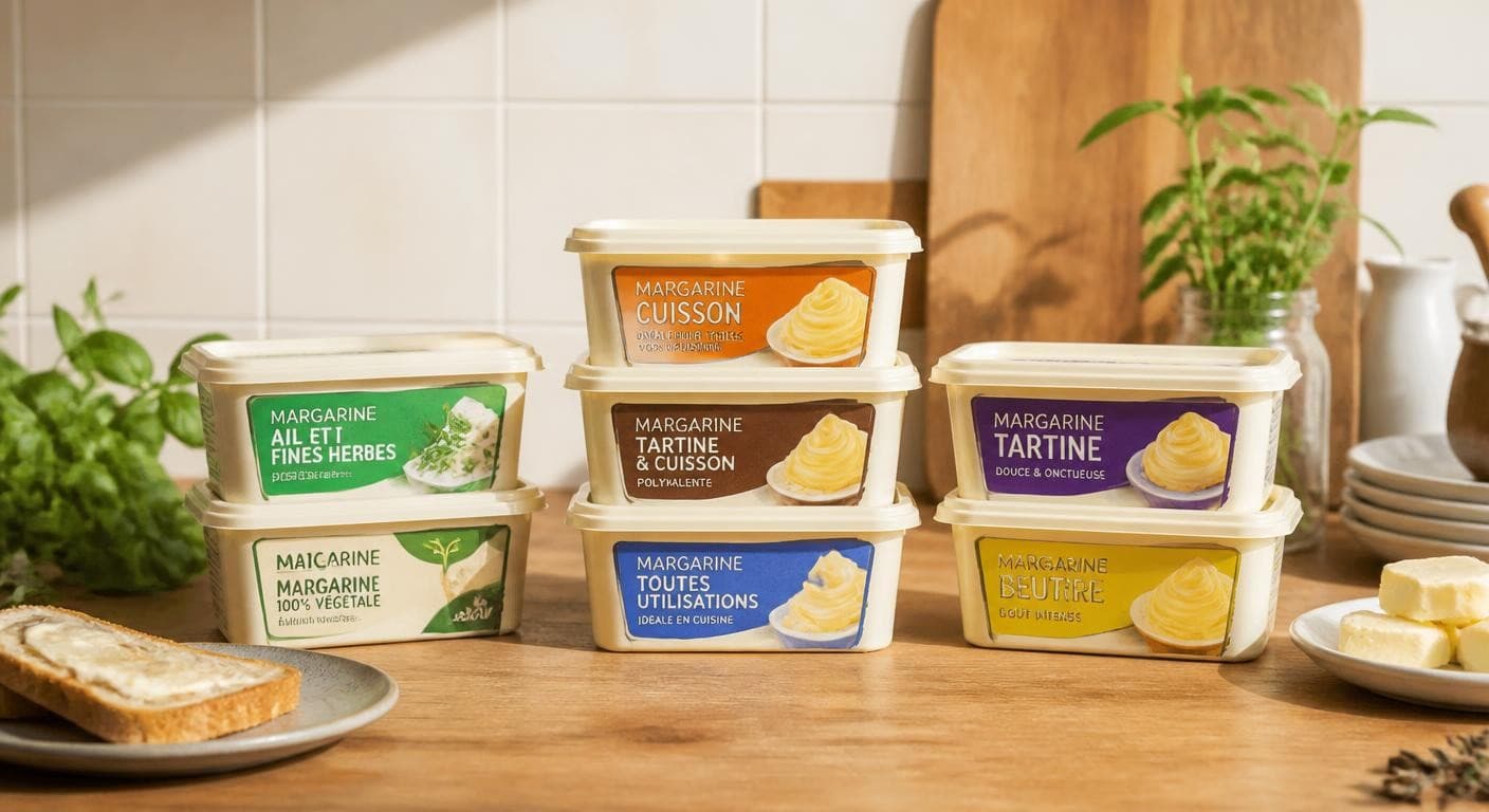 Margarines rangées par usage sur un plan de travail
