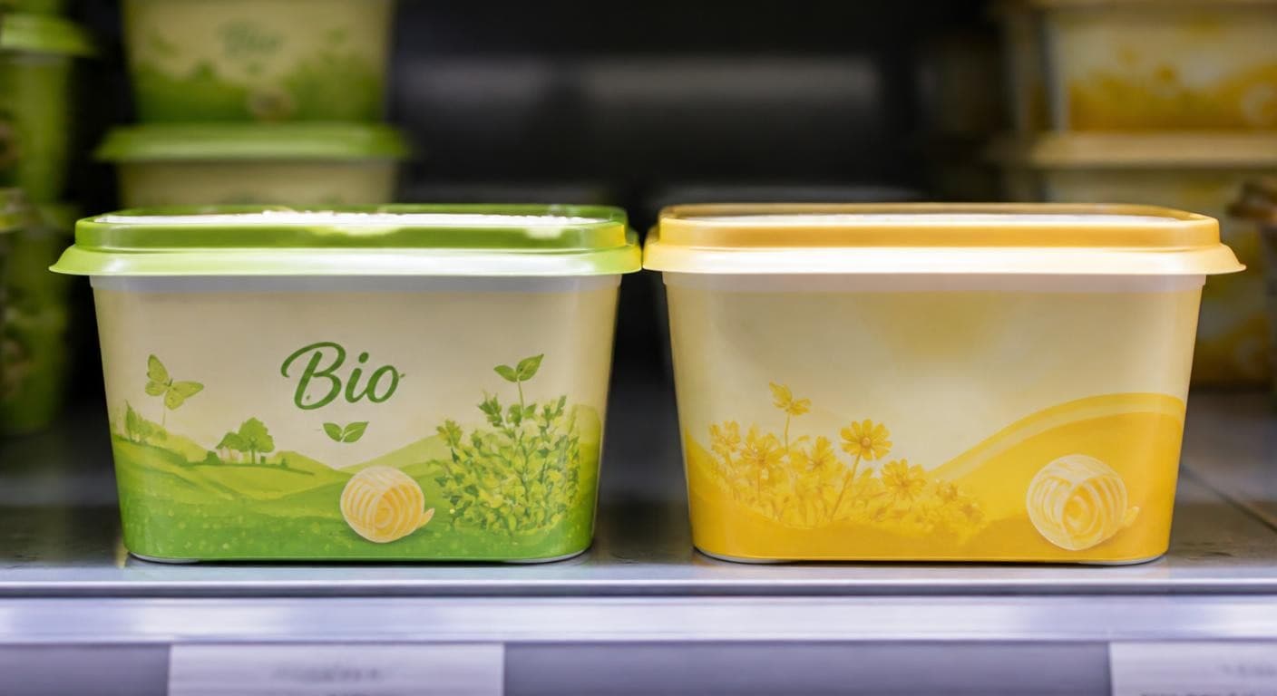 Deux margarines côte à côte en rayon, bio et classique