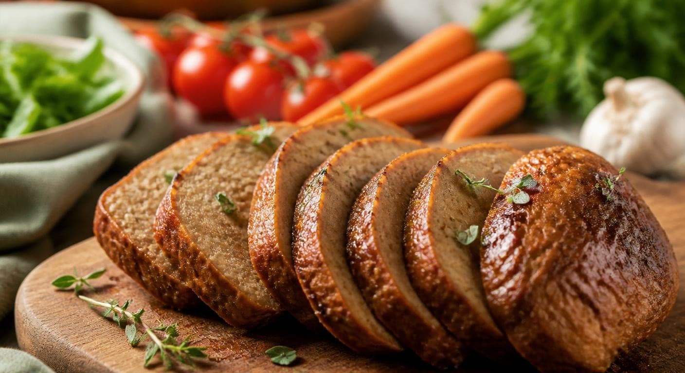 Tranches de seitan maison doré sur une planche en bois
