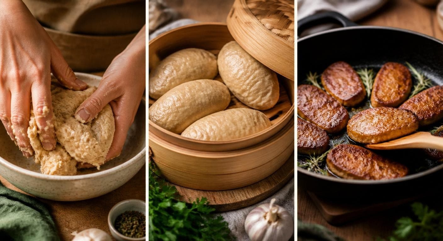Étapes de préparation du seitan maison : pâte, cuisson vapeur, poêlée