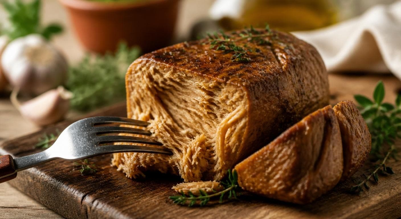 Coupe d'un seitan moelleux à la texture fibreuse réussie
