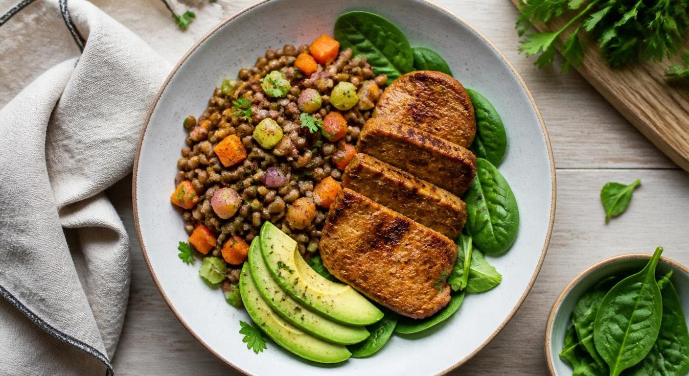 Assiette de seitan, lentilles et légumes, repas protéiné végétal équilibré