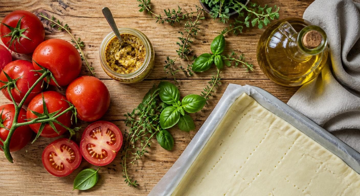 Ingrédients d'une tarte à la tomate et moutarde disposés à plat sur une planche en bois