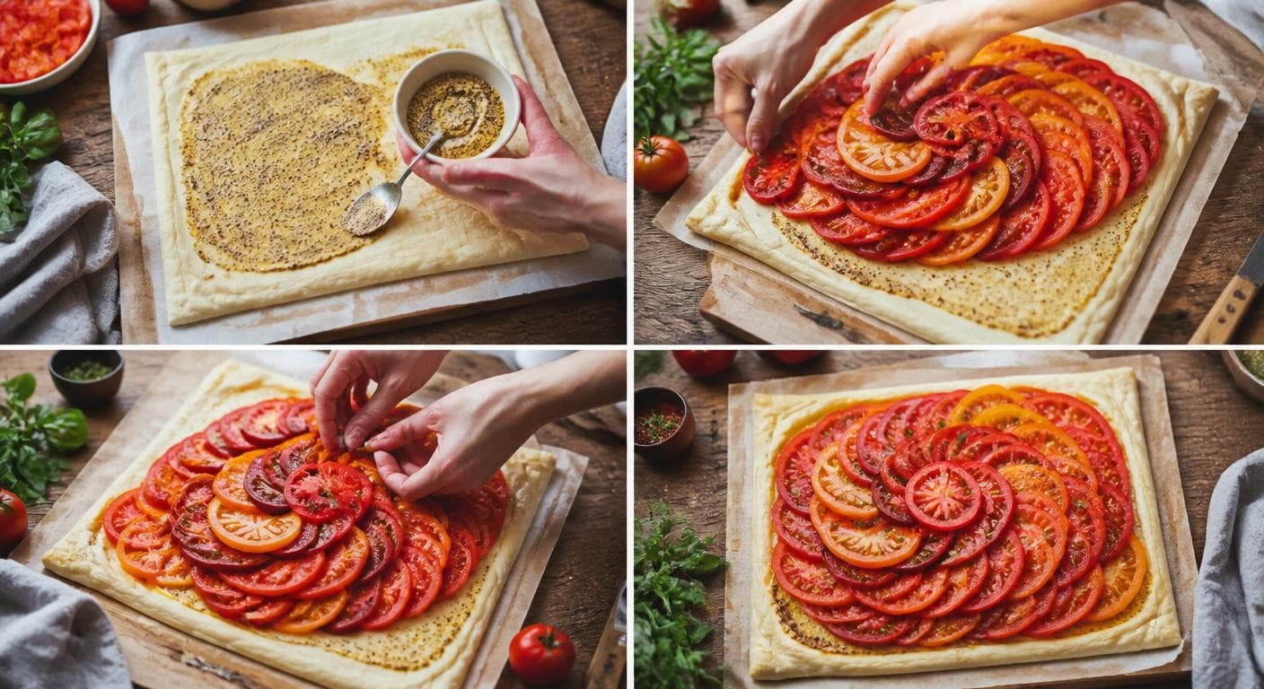 Montage étape par étape de la tarte tomate moutarde, de la moutarde aux tranches de tomates