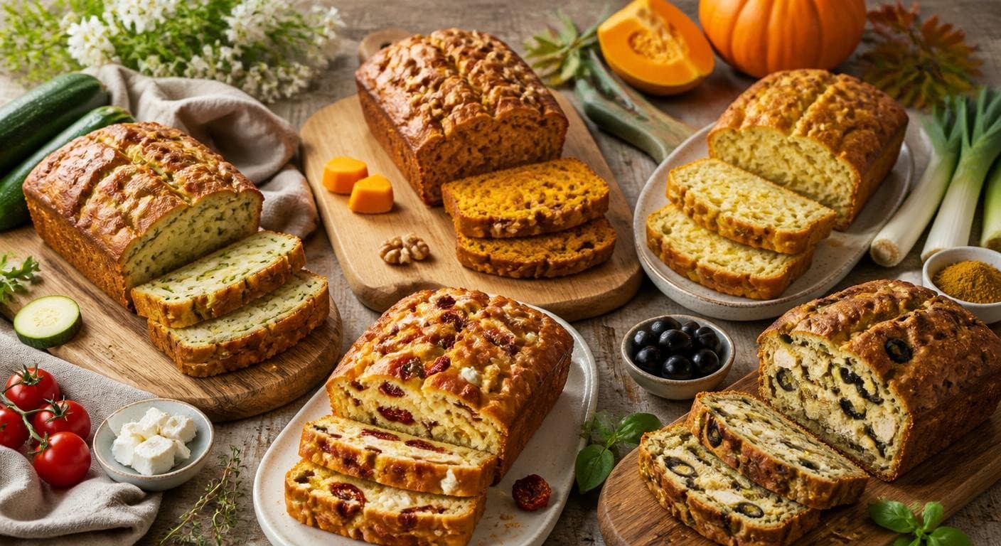 Cinq cakes salés végétariens présentés par saison