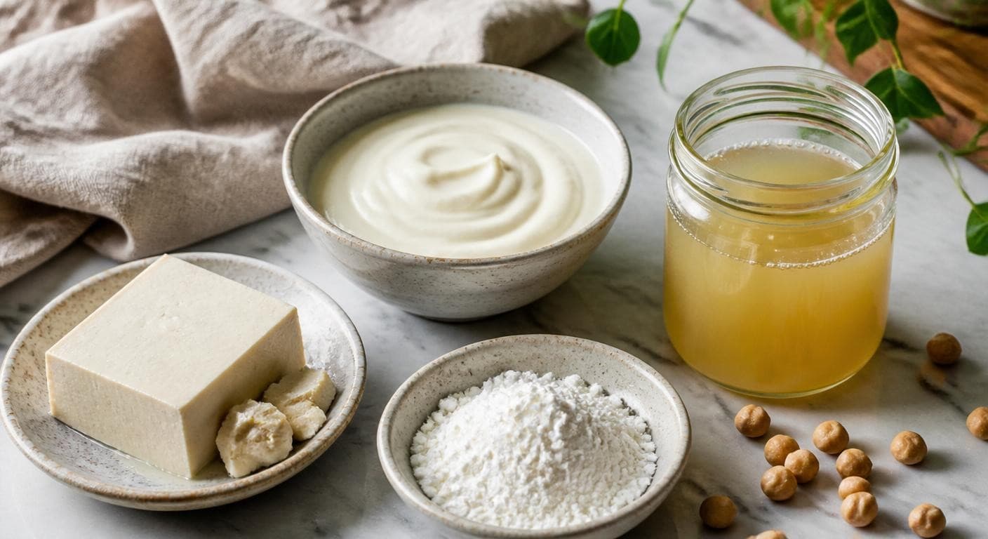 Substituts d'œufs pour clafoutis vegan disposés sur un plan de travail