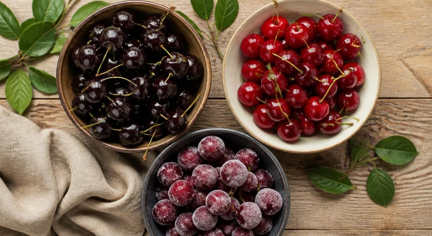 Différentes variétés de cerises pour un clafoutis vegan