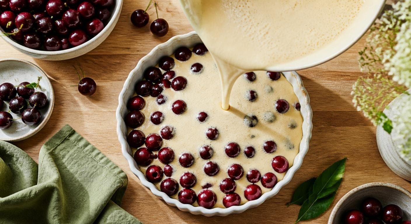 Étapes de préparation du clafoutis aux cerises vegan
