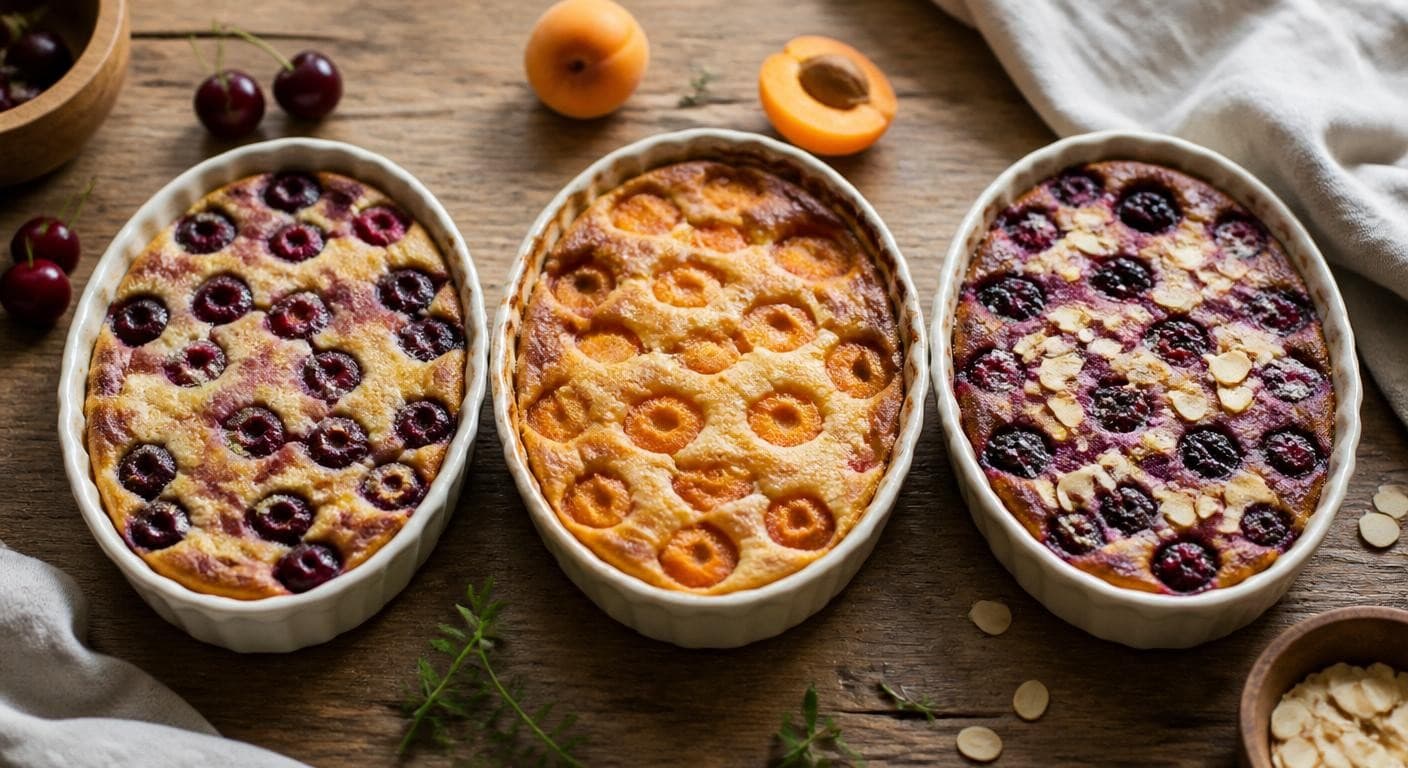 Variantes de clafoutis vegan aux cerises, abricots et fruits rouges