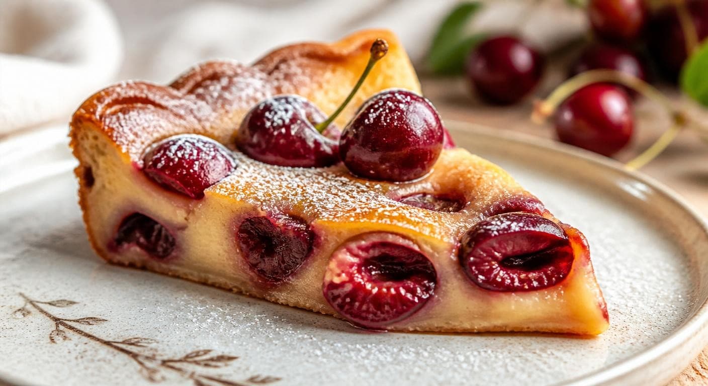 Texture fondante d'une part de clafoutis aux cerises vegan