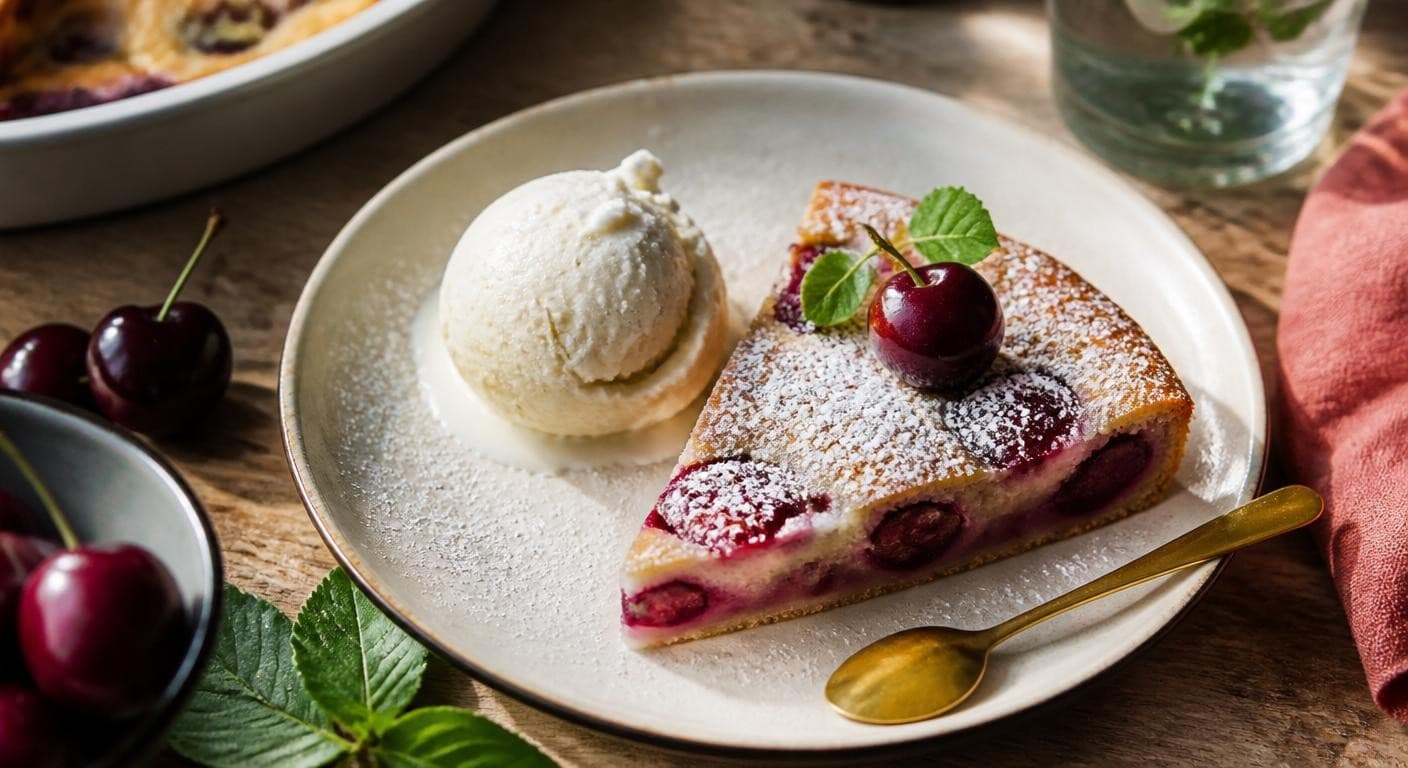 Part de clafoutis aux cerises vegan servie avec une glace végétale