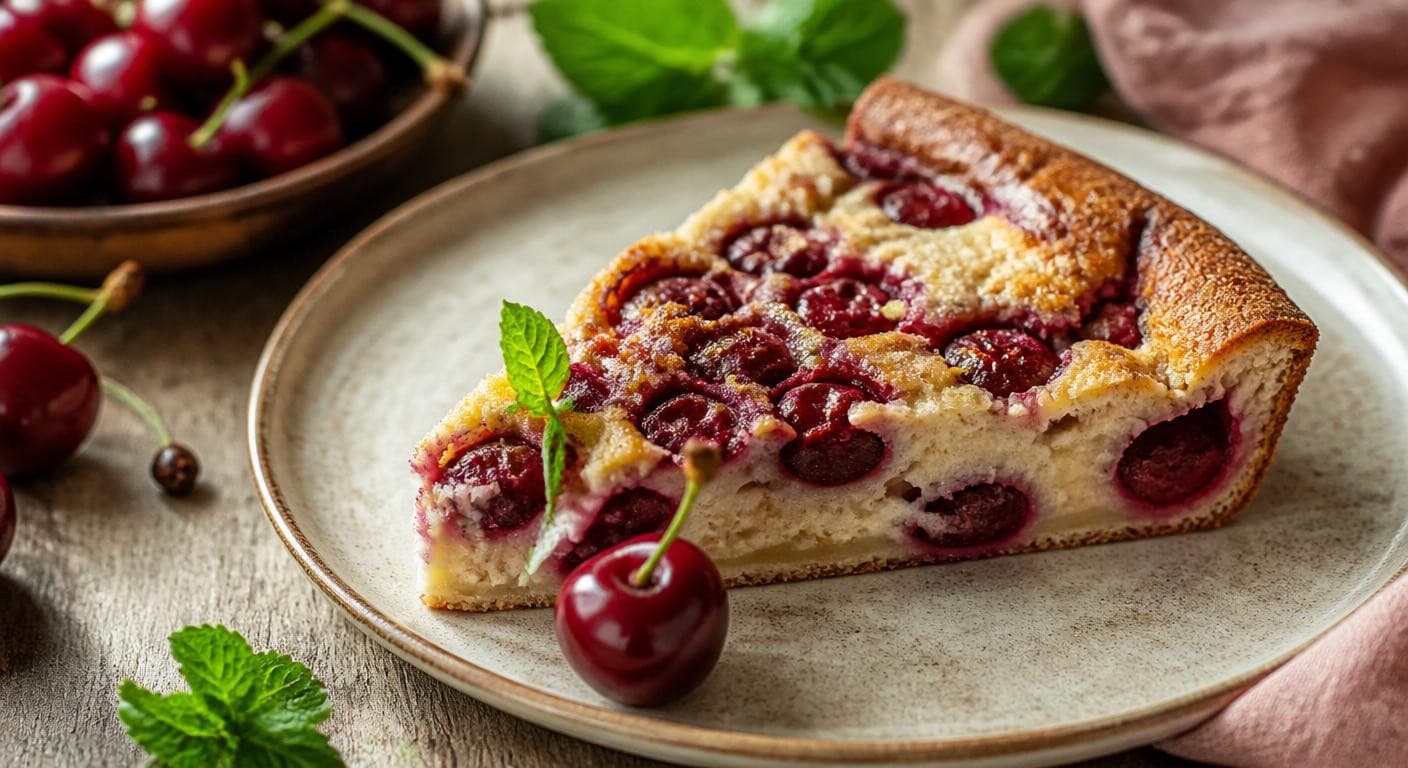 Part de clafoutis vegan sans gluten fondante aux cerises