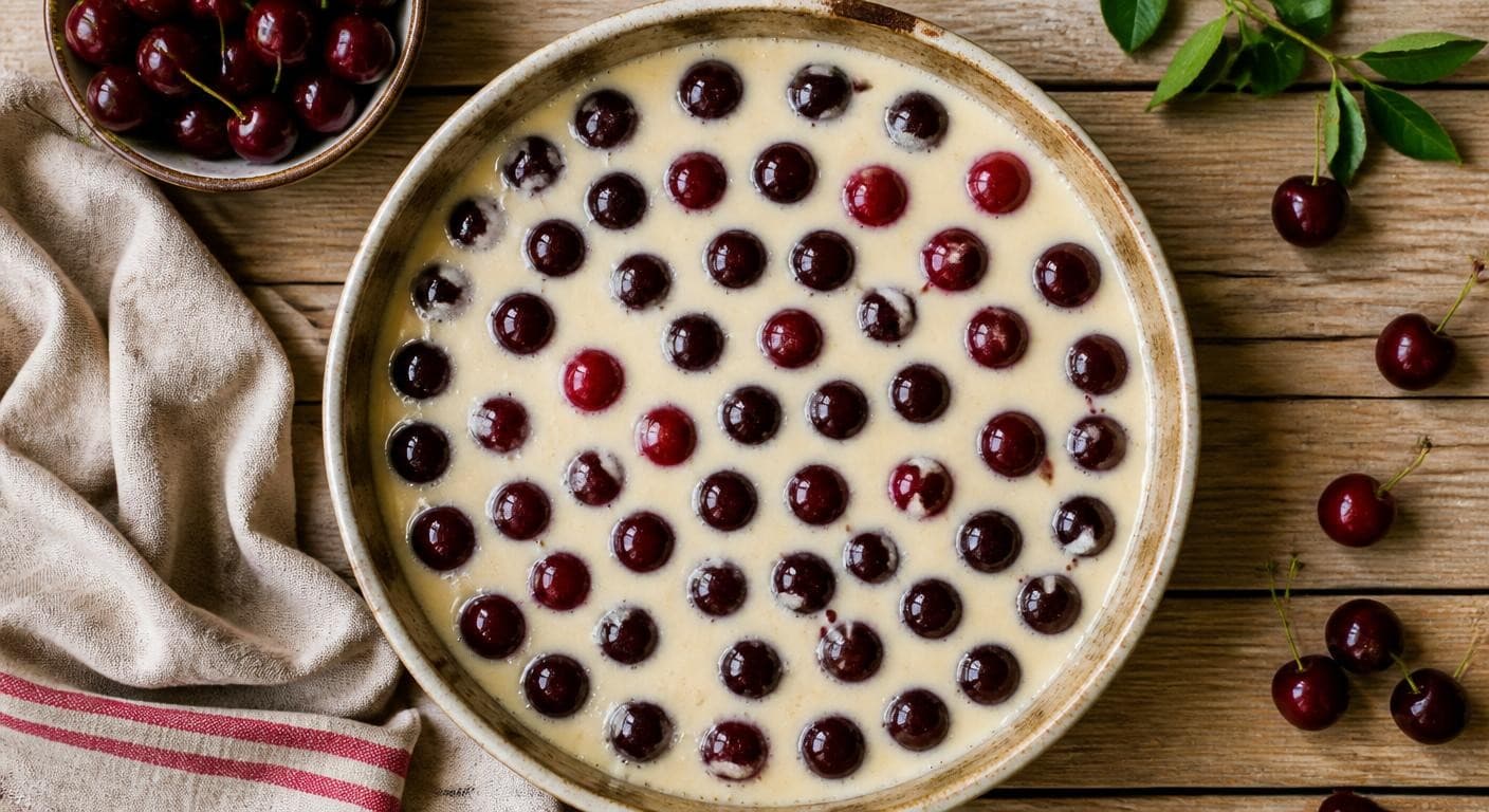 Plat de clafoutis vegan sans gluten aux cerises avant cuisson