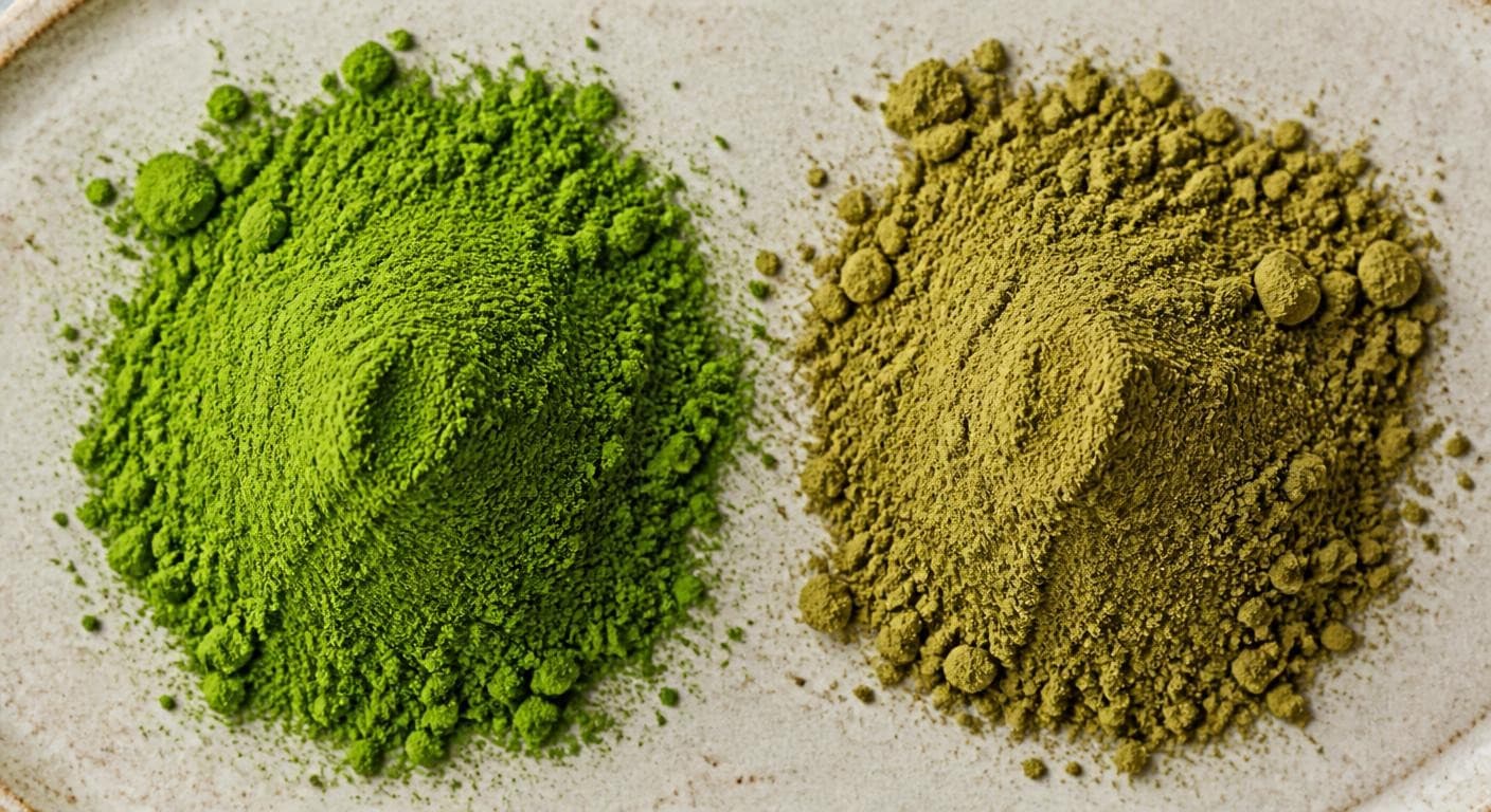 Comparaison entre un matcha cérémonial vert jade et un matcha de qualité inférieure terne