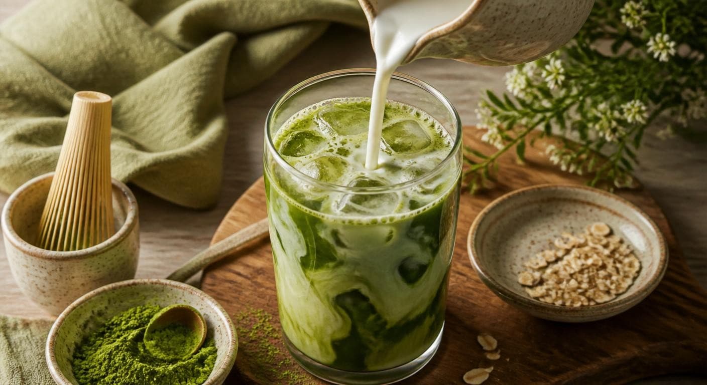 Matcha latte au lait d'avoine végétal en préparation