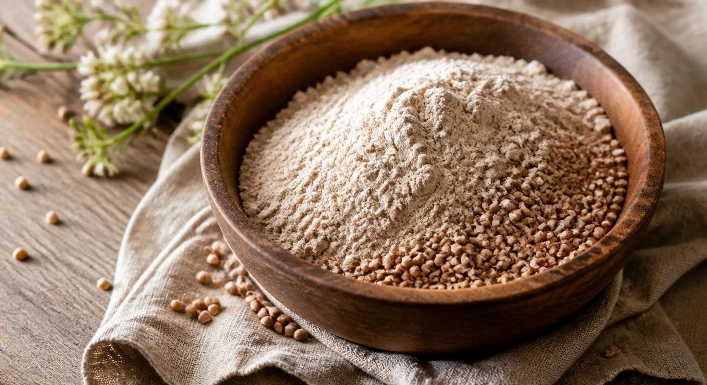 Grains et farine de sarrasin dans un bol en bois