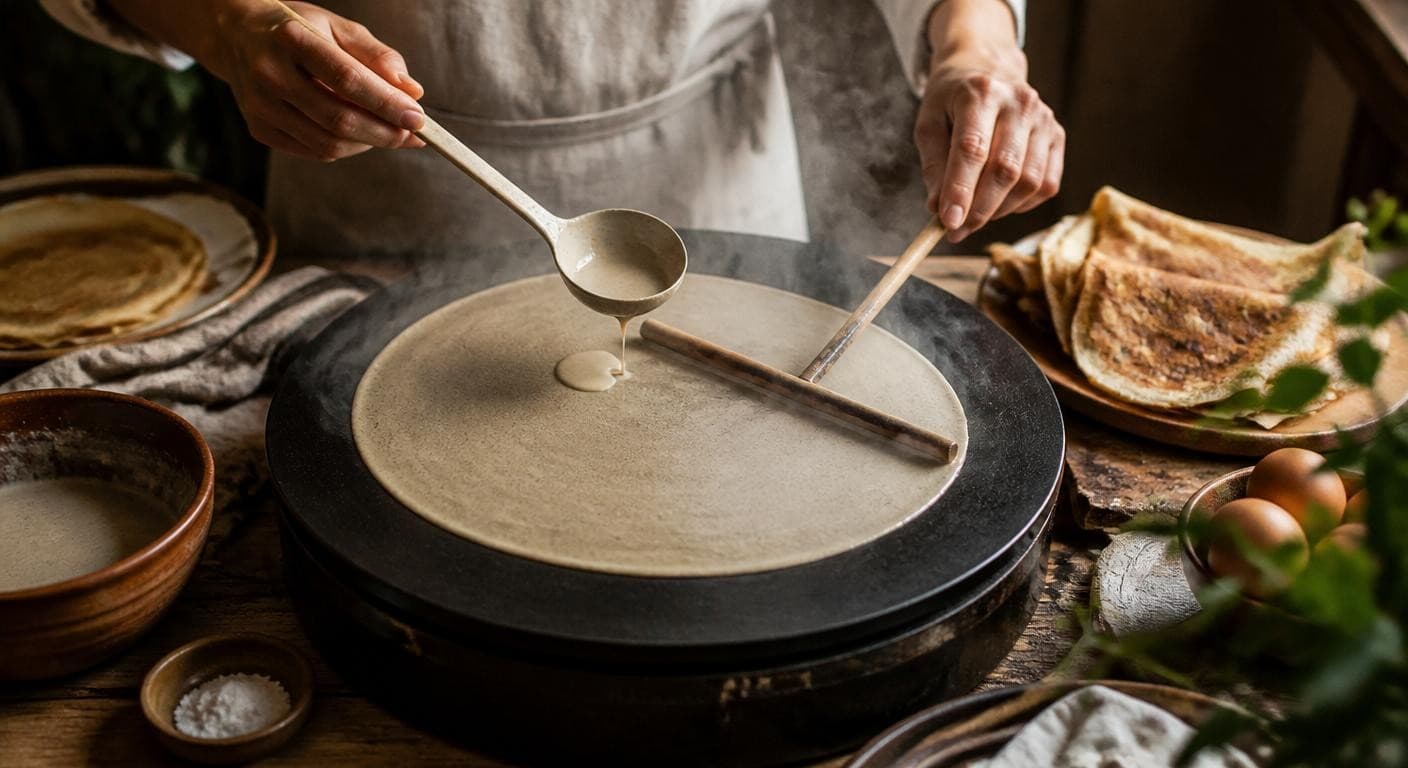 Étaler la pâte à galette de sarrasin à la poêle