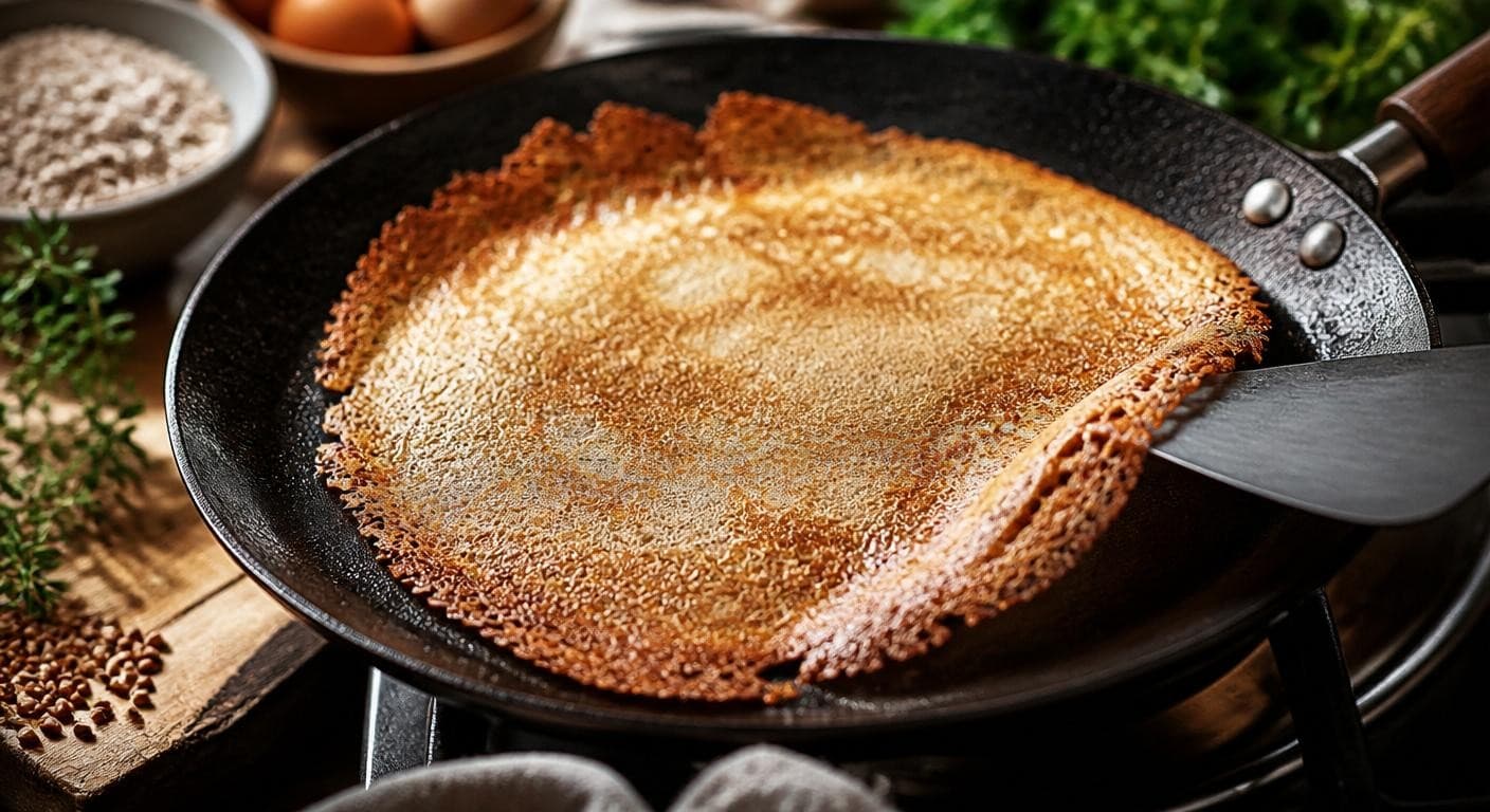 Galette de sarrasin dorée aux bords dentelle à la poêle