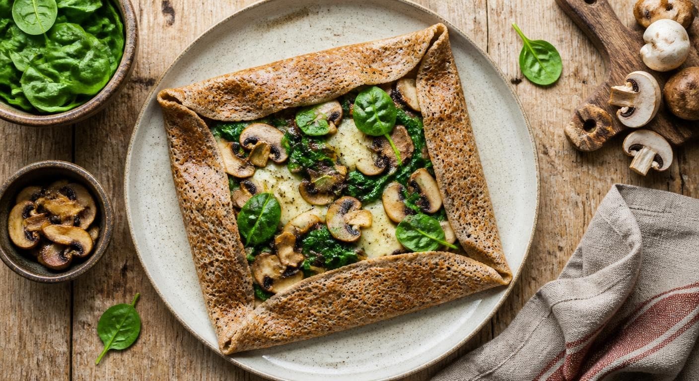 Galette de sarrasin garnie de champignons, fromage végétal et épinards