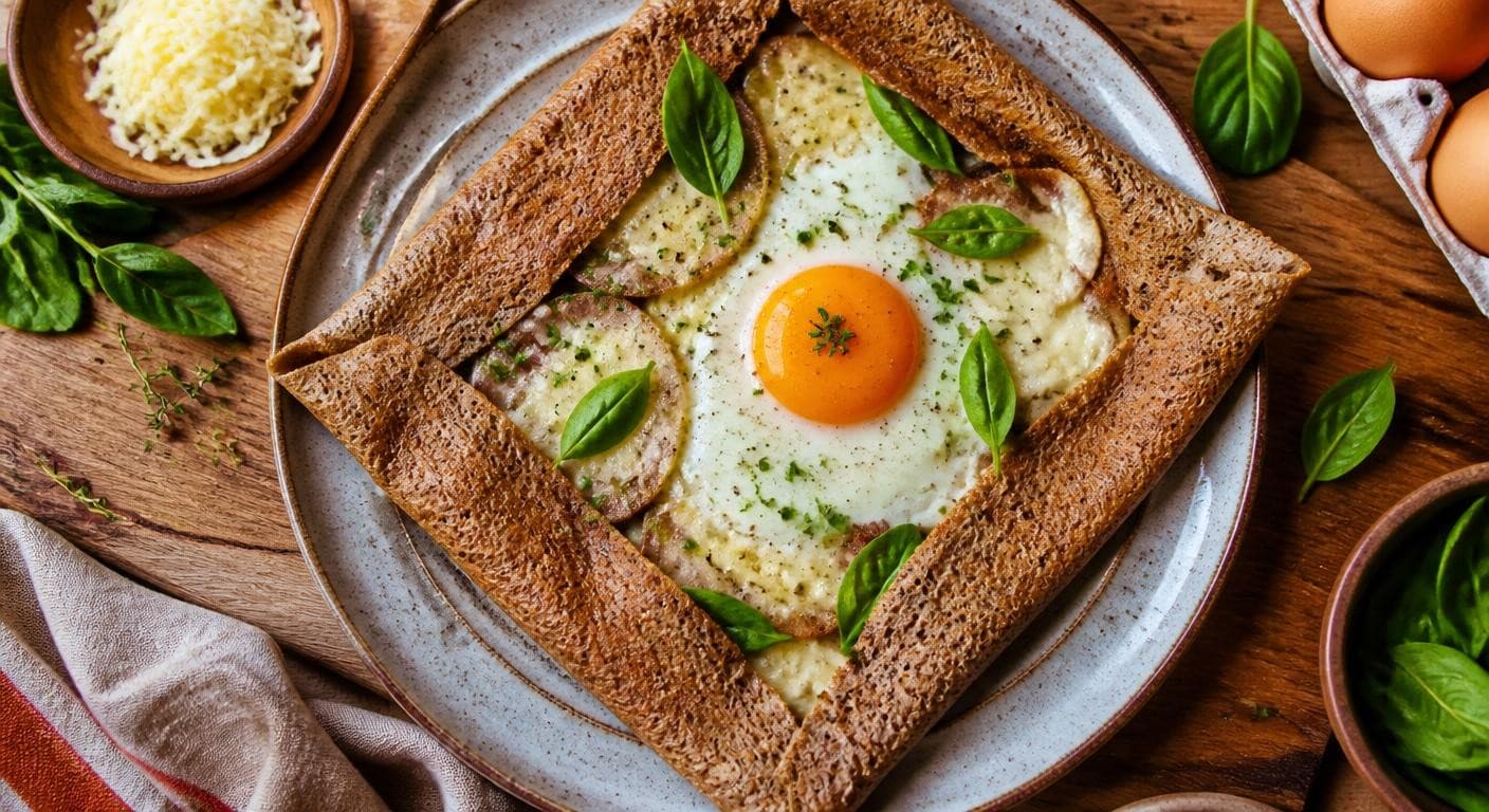 Galette de sarrasin œuf-fromage ouverte