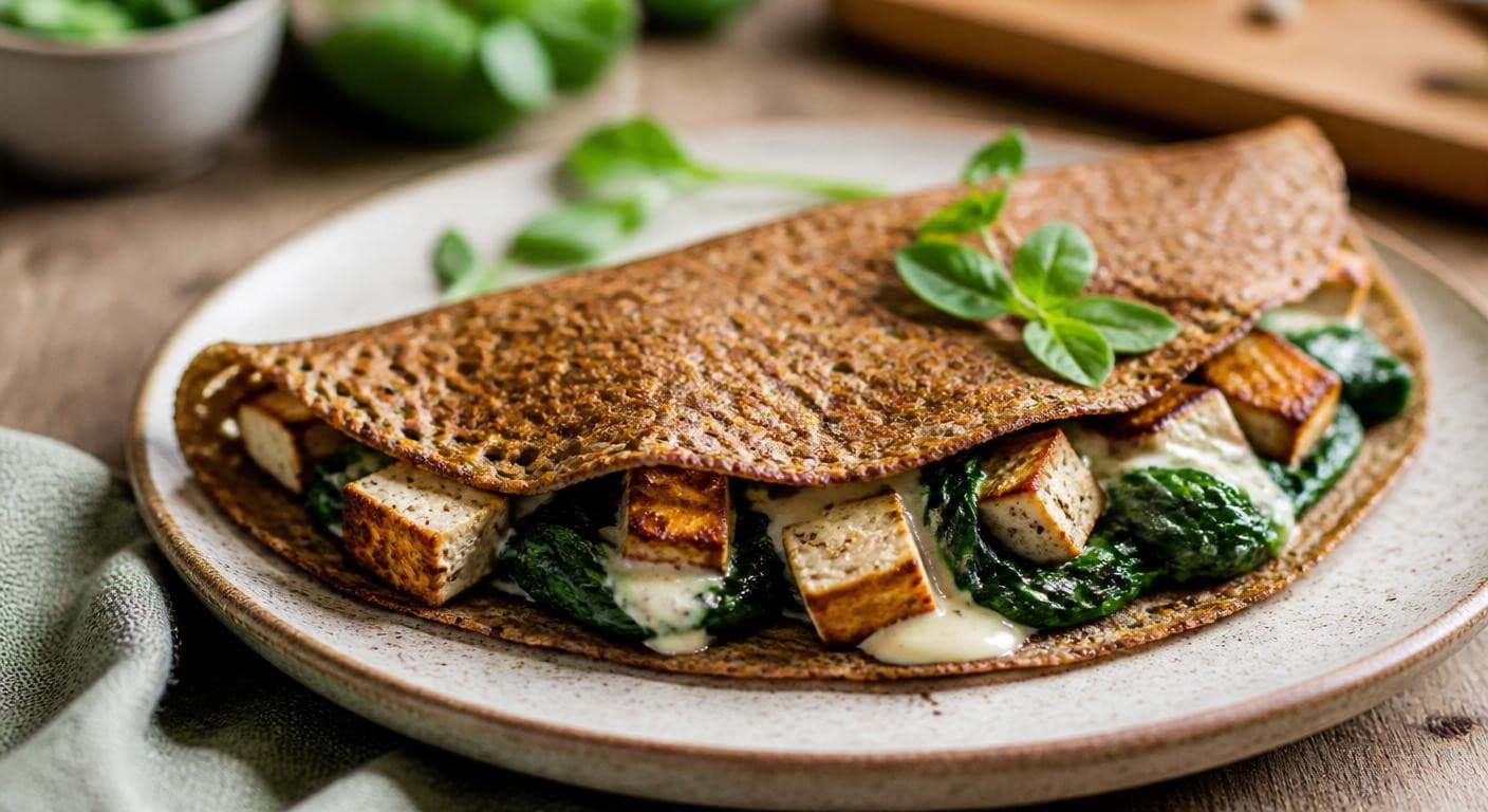 Galette de sarrasin au tofu fumé et épinards