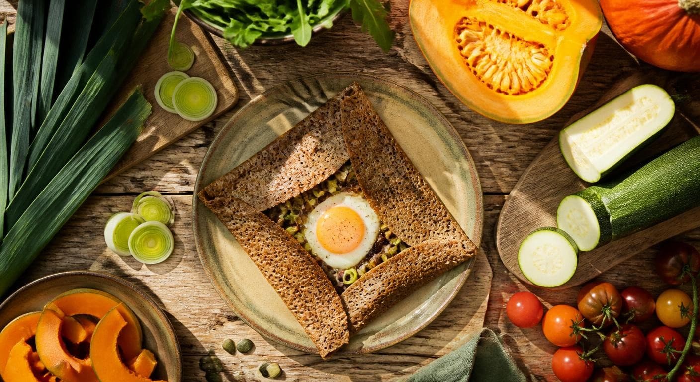 Légumes de saison autour d'une galette de sarrasin
