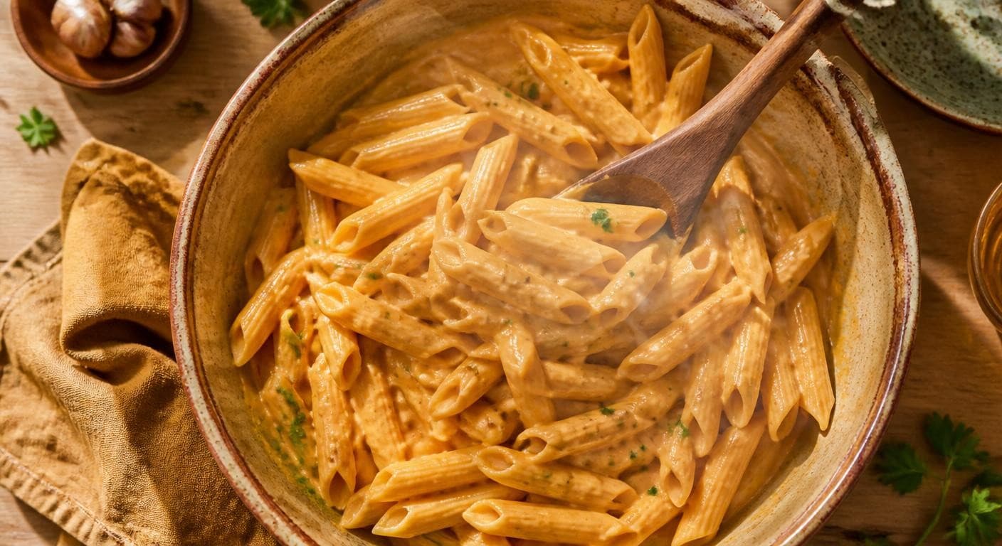 Sauce crémeuse végétale nappant des pâtes