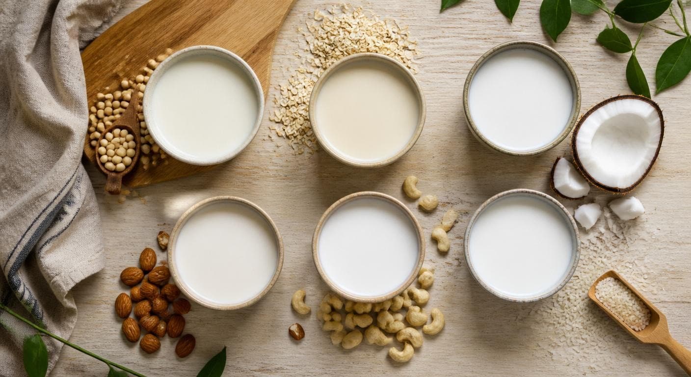 Six crèmes végétales et leur ingrédient d'origine en vue du dessus