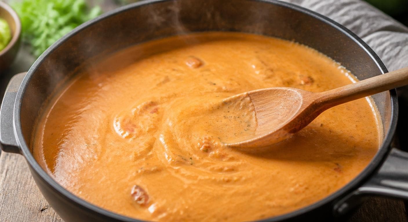 Sauce à la crème végétale lisse et homogène mijotant doucement