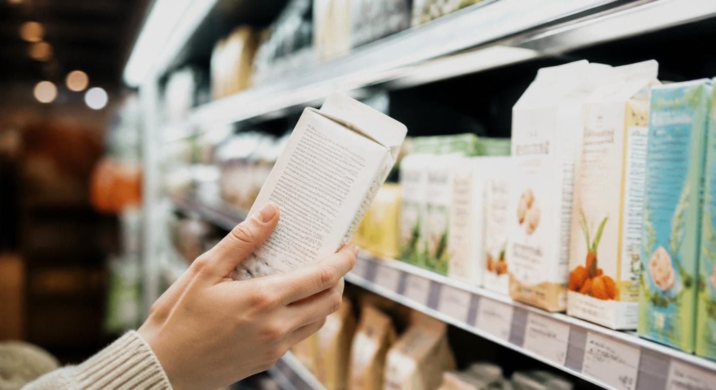 Lecture attentive de l'étiquette d'une crème végétale en rayon
