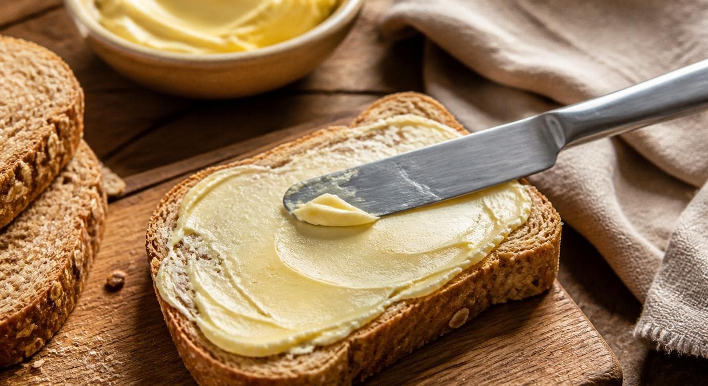 Tartine de margarine végétale étalée sur du pain complet