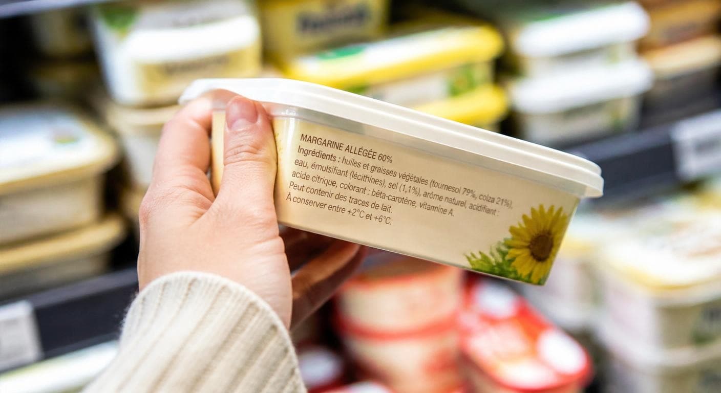 Lecture de l'étiquette d'une margarine à tartiner en supermarché