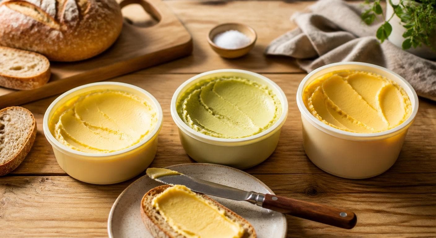 Trois margarines à tartiner comparées sur un plan de travail