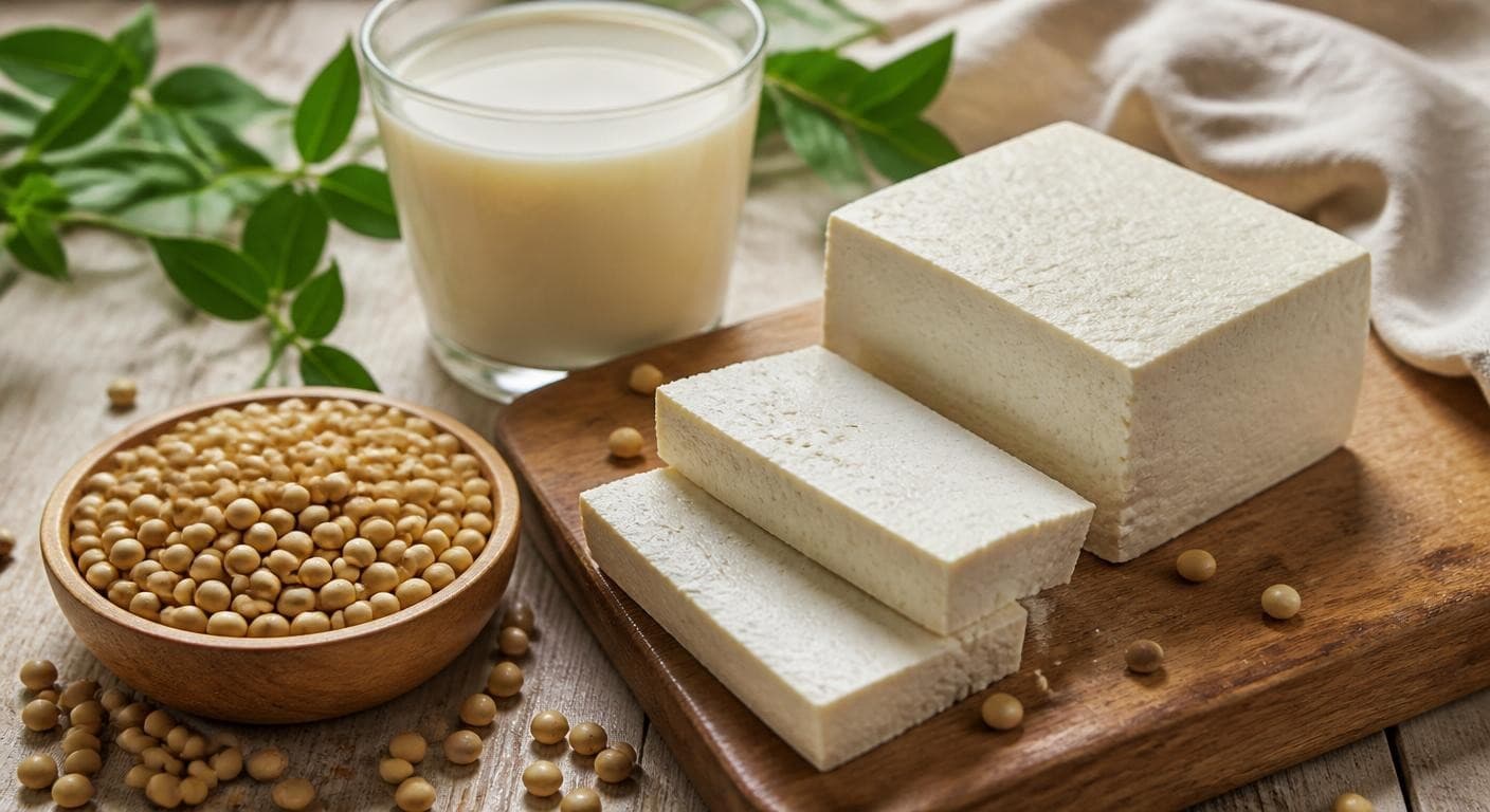 Fèves de soja, lait de soja et bloc de tofu frais
