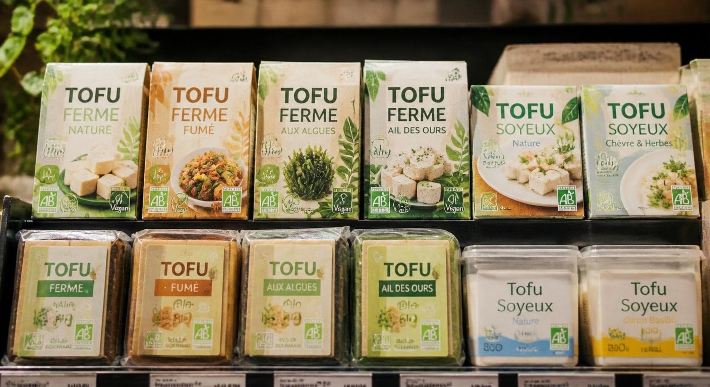 Marques de tofu ferme bio en rayon de magasin bio
