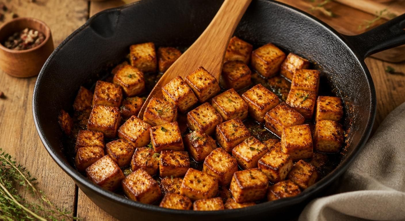 Cubes de tofu fumé croustillants dans une poêle