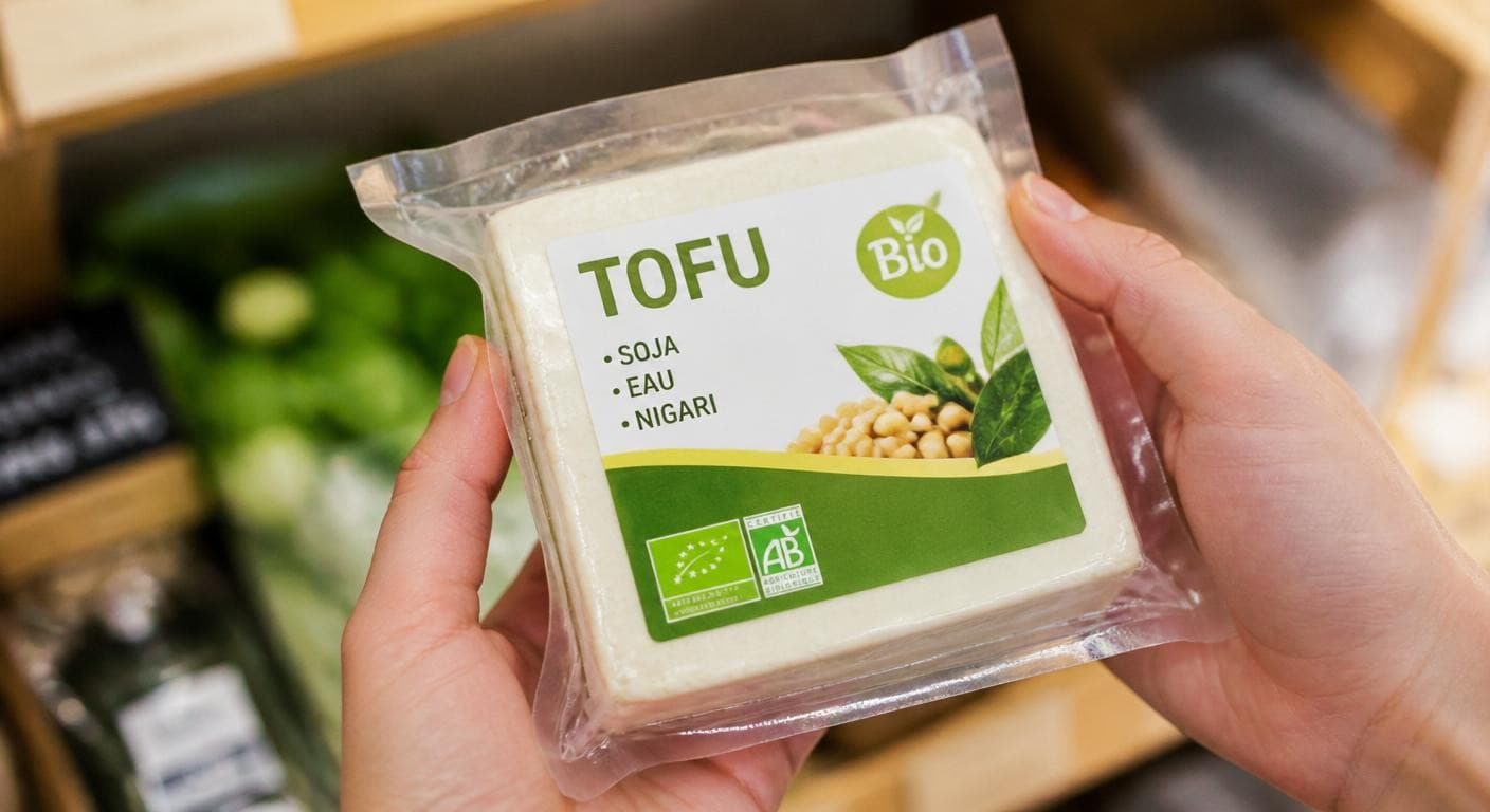 Logo bio et liste d'ingrédients sur emballage de tofu