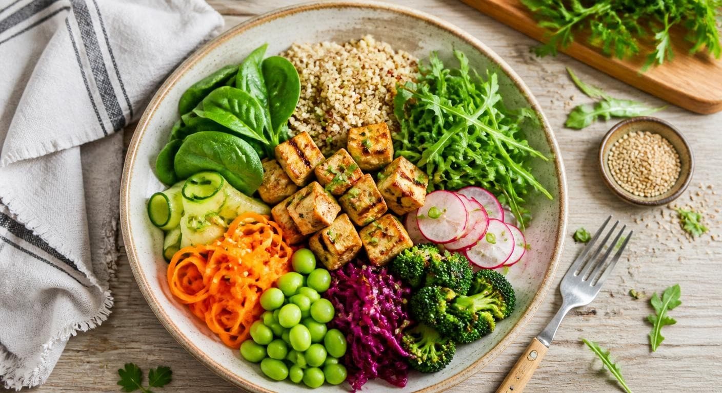 Assiette équilibrée avec tofu grillé et légumes