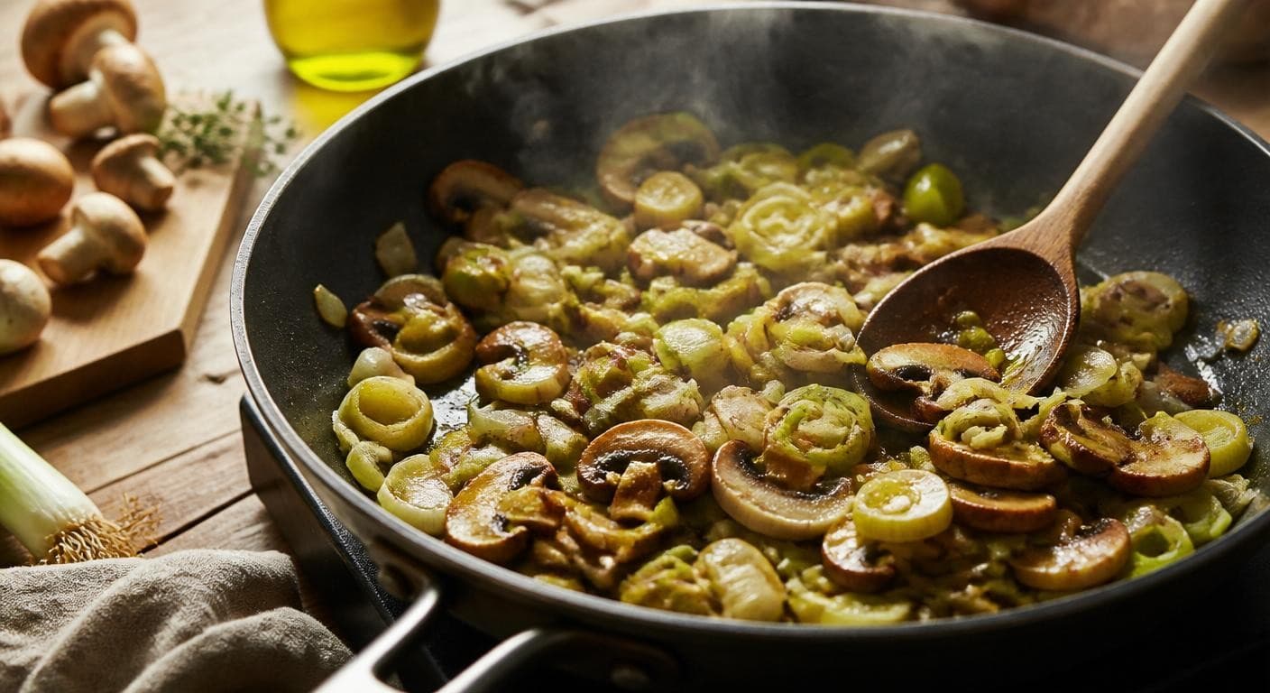 Poireau et champignons revenus à la poêle pour muffins salés végétariens