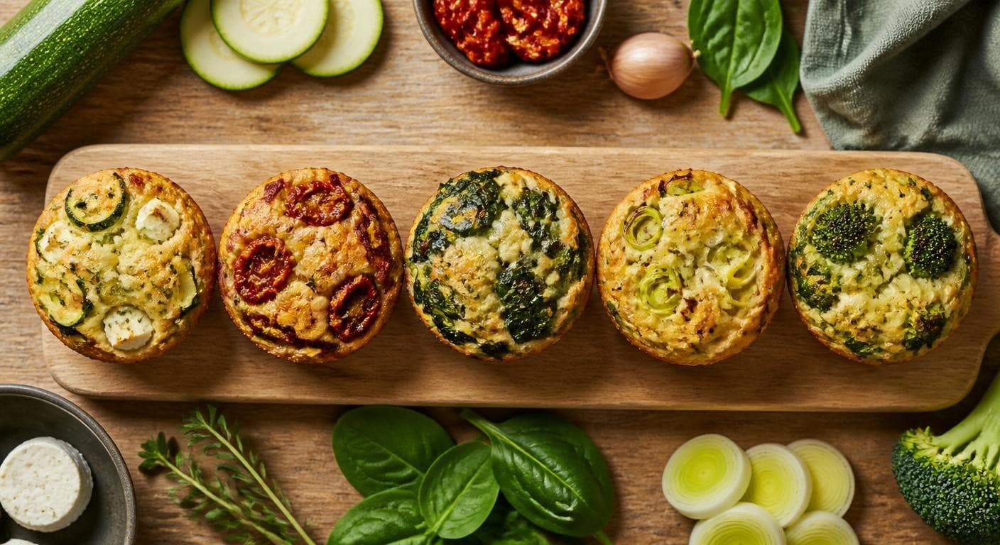 Cinq variantes de muffins salés végétariens alignées
