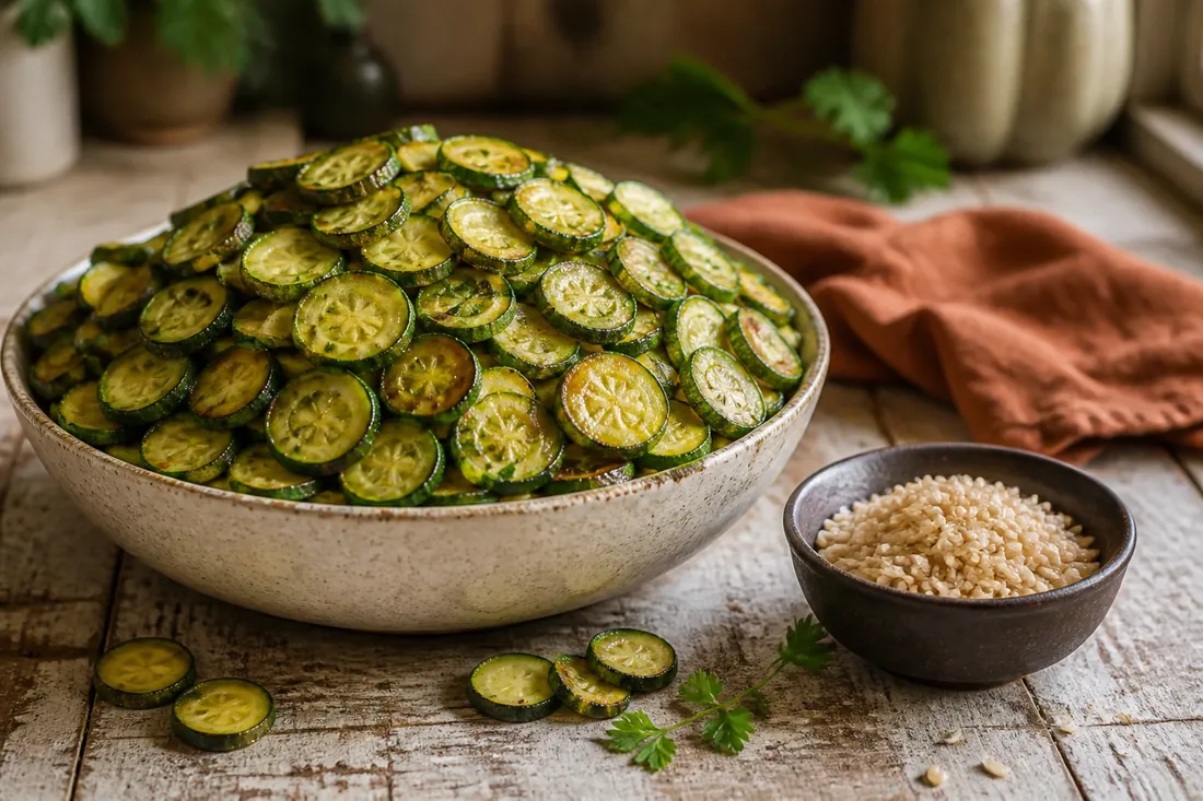 Un grand saladier en grès crème débordant de rondelles de courgettes cuites, posé à côté d'un petit bol sombre contenant une modeste portion de riz complet, sur une table en bois blanchi.