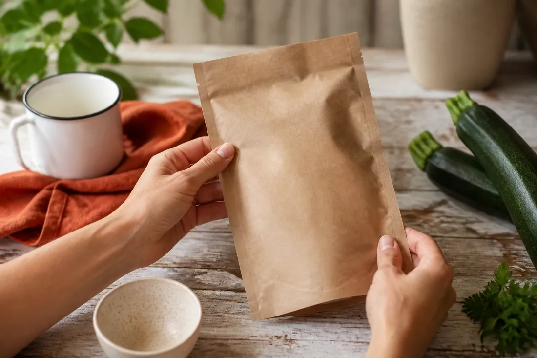 Deux mains retournent un sachet en papier kraft pour en lire le dos, sur un plan de travail en bois clair, à côté d'une tasse en émail, d'un torchon en lin rouille et de deux courgettes fraîches.