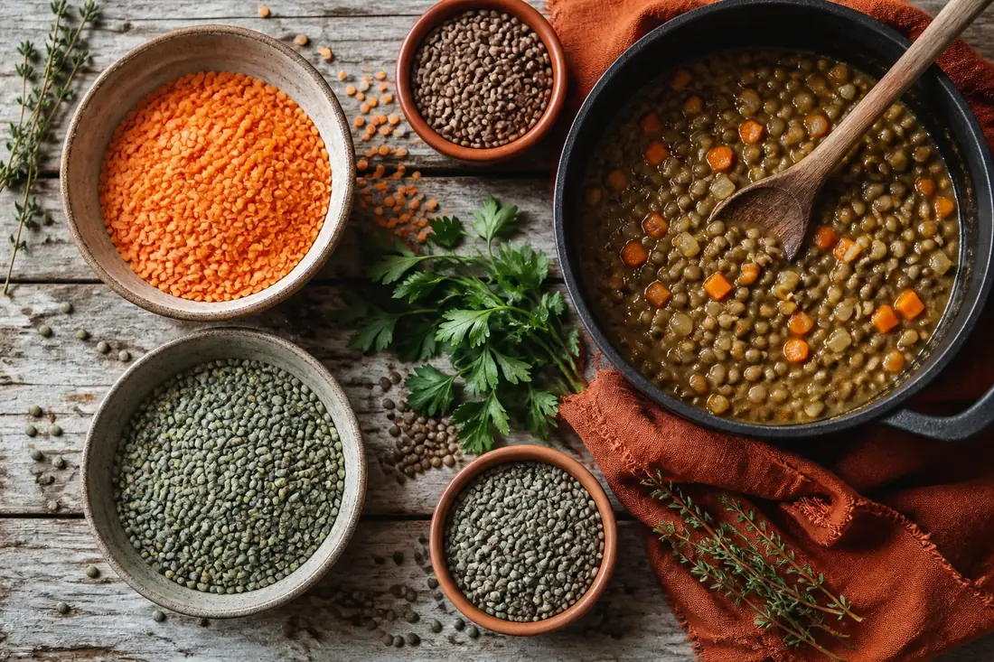 Vue du dessus de plusieurs bols de lentilles crues, corail orange, vertes du Puy et brunes, autour d'une cocotte en fonte de lentilles mijotées aux dés de carotte, sur une table en bois blanchi.