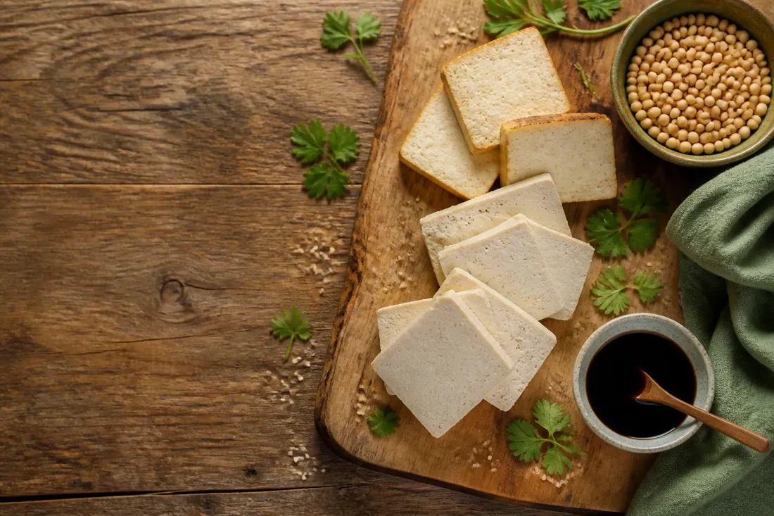 Tranches épaisses de tofu ferme blanc crème disposées sur une planche en bois brut, avec un bol de graines de soja, un ramequin de sauce soja et des brins de coriandre fraîche.