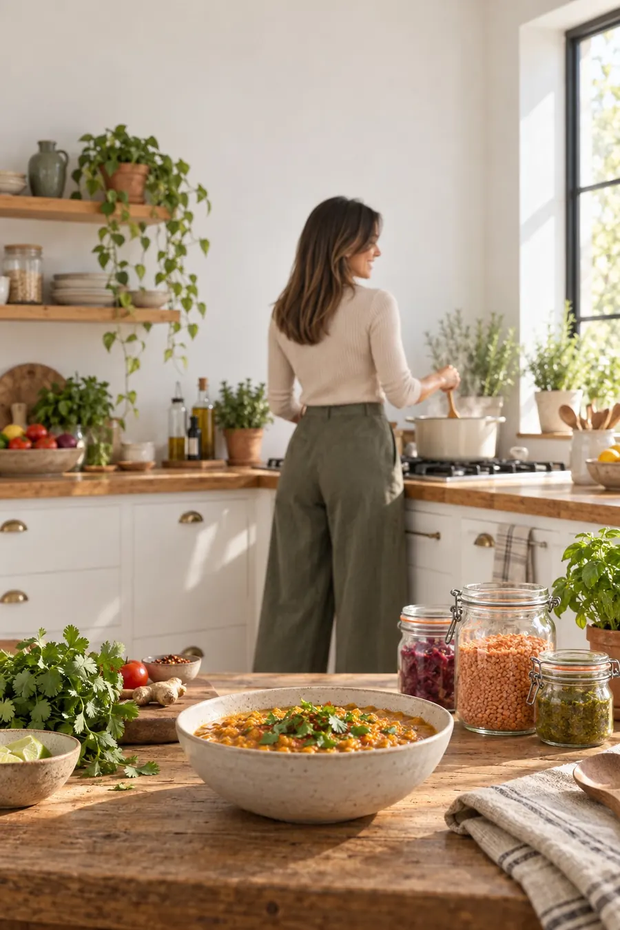 Chloé, de dos, remue une casserole dans sa cuisine claire ; au premier plan, un grand bol de dahl et des bocaux de lentilles.