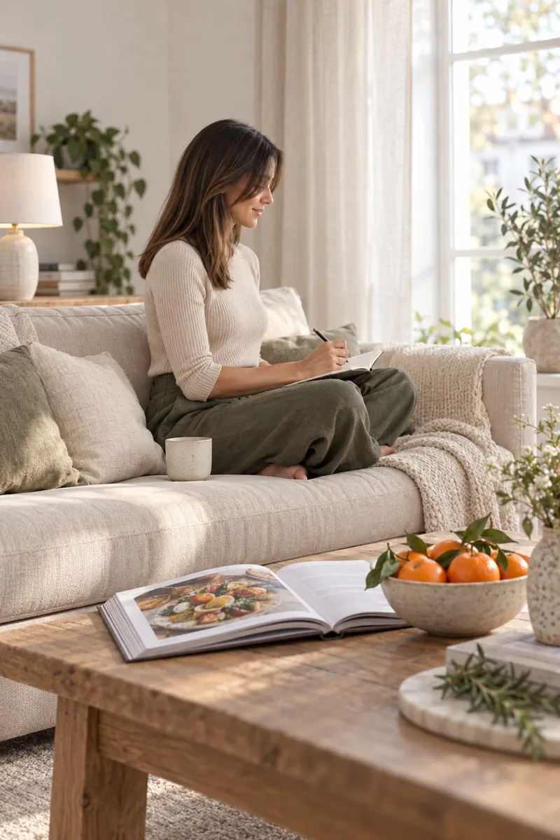 Chloé, de profil, écrit dans un carnet sur son canapé ; sur la table basse, un livre de cuisine ouvert et un bol de mandarines.