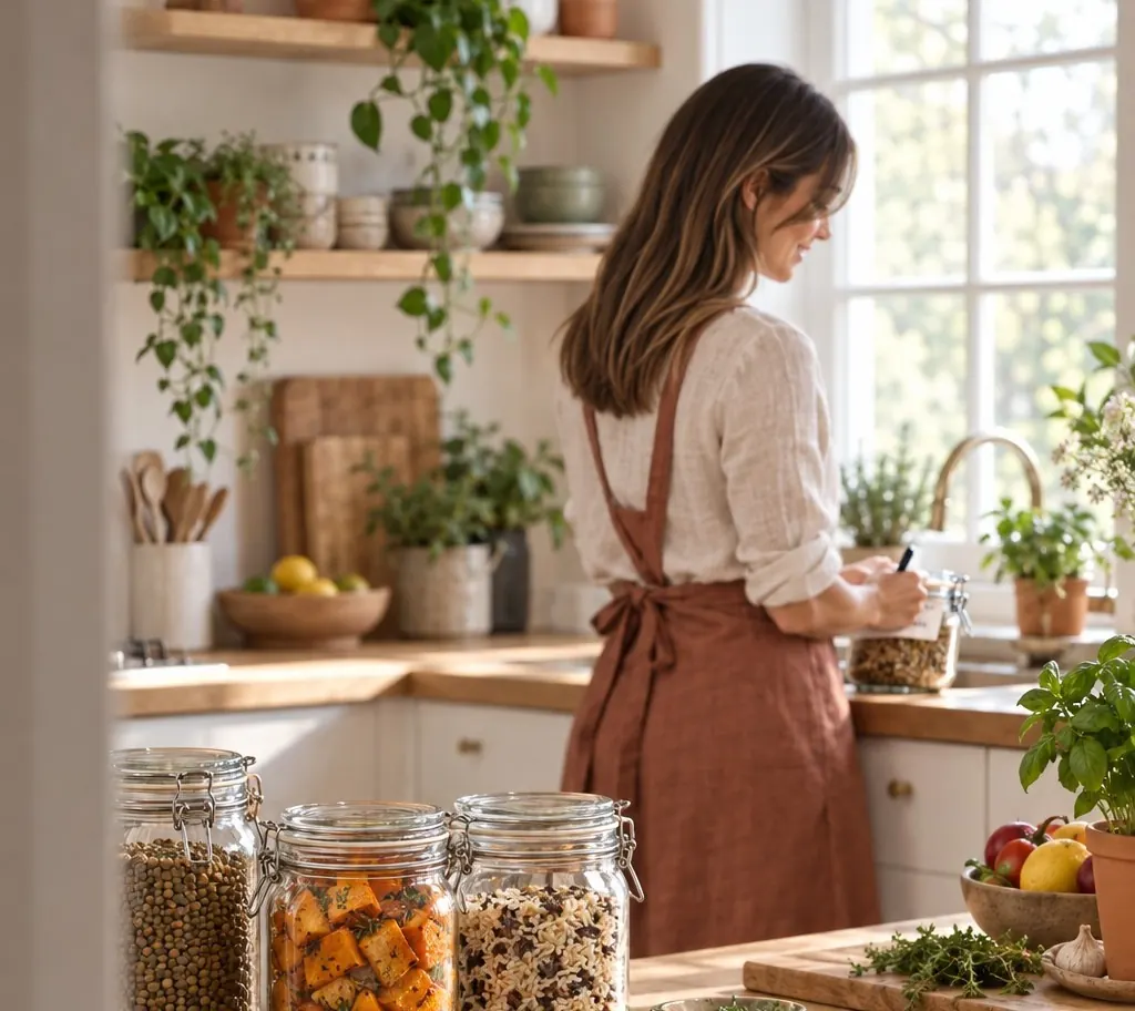 Chloé, de profil, étiquette un bocal de grains sur le plan de travail ; devant elle, des bocaux de lentilles, de patate douce rôtie et de riz.